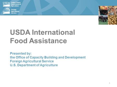 United States Department of Agriculture Foreign Agricultural Service USDA International Food Assistance Presented by: the Office of Capacity Building and.