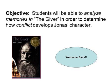 Objective: Students will be able to analyze memories in “The Giver” in order to determine how conflict develops Jonas’ character. Welcome Back!!