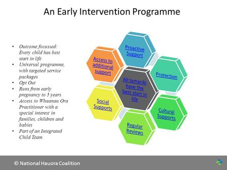 © National Hauora Coalition An Early Intervention Programme Outcome focussed: Every child has best start in life Universal programme, with targeted service.