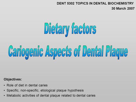Role of diet in dental caries Specific, non-specific, etiological plaque hypothesis Metabolic activities of dental plaque related to dental caries Objectives: