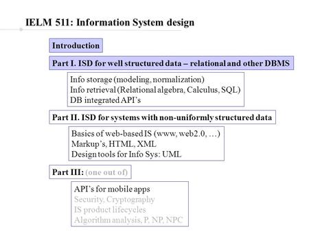 IELM 511: Information System design Introduction Part I. ISD for well structured data – relational and other DBMS Part II. ISD for systems with non-uniformly.