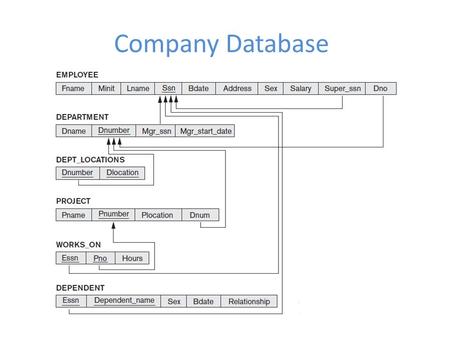 Company Database. CREATE TABLE DEPARMENT ( DNAME VARCHAR(10) NOT NULL, DNUMBER INTEGER NOT NULL, MGRSSN CHAR(9), MGRSTARTDATE CHAR(9), PRIMARY KEY (DNUMBER),
