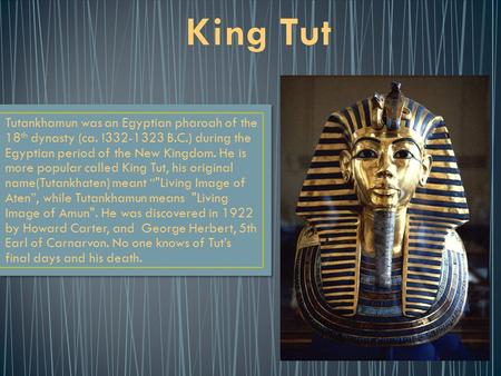 Tutankhamun was an Egyptian pharoah of the 18 th dynasty (ca. !332-1323 B.C.) during the Egyptian period of the New Kingdom. He is more popular called.