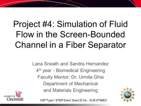 Project #4: Simulation of Fluid Flow in the Screen-Bounded Channel in a Fiber Separator Lana Sneath and Sandra Hernandez 4 th year - Biomedical Engineering.