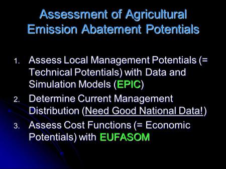 Assessment of Agricultural Emission Abatement Potentials 1. Assess Local Management Potentials (= Technical Potentials) with Data and Simulation Models.