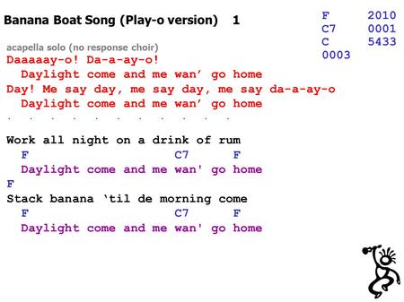Banana Boat Song (Play-o version) 1 F2010 C70001 C5433 0003 acapella solo (no response choir) Daaaaay-o! Da-a-ay-o! Daylight come and me wan’ go home Day!