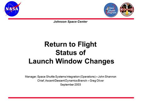 Return to Flight Status of Launch Window Changes Manager, Space Shuttle Systems Integration (Operations) – John Shannon Chief, Ascent/Descent Dynamics.