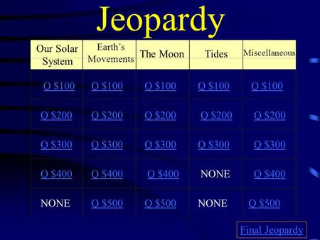 Jeopardy Our Solar System The Moon Tides Q $100 Q $100 Q $100 Q $100