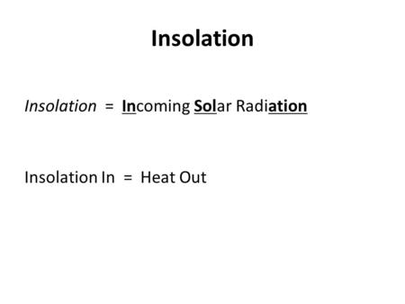 Insolation Insolation = Incoming Solar Radiation Insolation In = Heat Out.