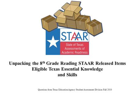 Unpacking the 8 th Grade Reading STAAR Released Items Eligible Texas Essential Knowledge and Skills Questions from Texas Education Agency Student Assessment.