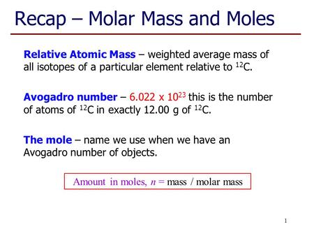 Recap – Molar Mass and Moles