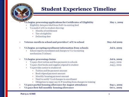 Post-9/11 GI Bill 1 Student Experience Timeline VA begins processing applications for Certificates of EligibilityMay 1, 2009 Eligibility data provided.
