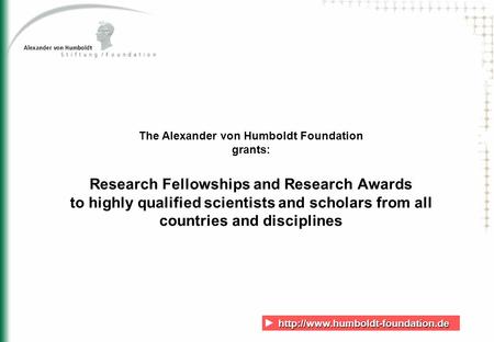 The Alexander von Humboldt Foundation grants: Research Fellowships and Research Awards.