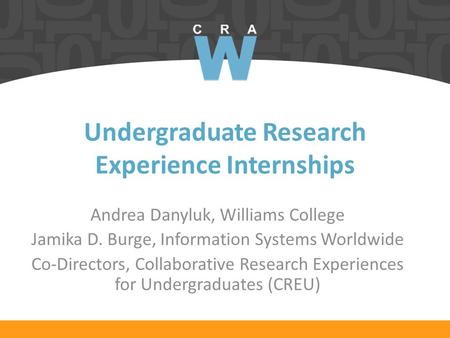 Undergraduate Research Experience Internships Andrea Danyluk, Williams College Jamika D. Burge, Information Systems Worldwide Co-Directors, Collaborative.