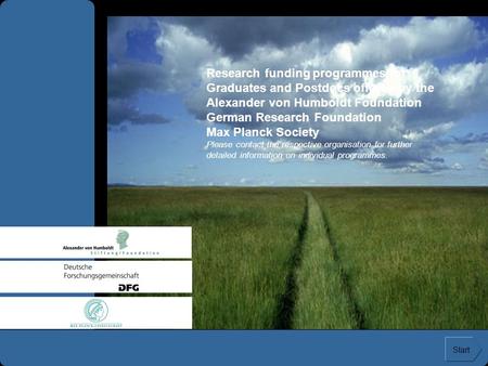 Research funding programmes for Graduates and Postdocs offered by the Alexander von Humboldt Foundation German Research Foundation Max Planck Society Please.