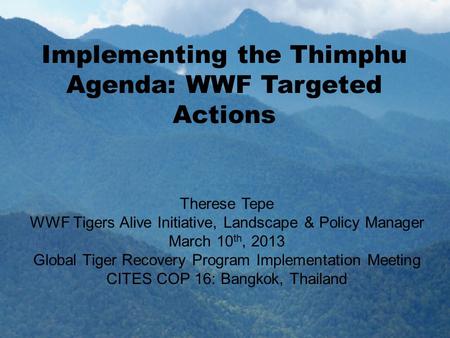Implementing the Thimphu Agenda: WWF Targeted Actions Therese Tepe WWF Tigers Alive Initiative, Landscape & Policy Manager March 10 th, 2013 Global Tiger.