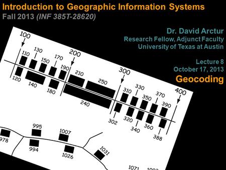 Introduction to Geographic Information Systems Fall 2013 (INF 385T-28620) Dr. David Arctur Research Fellow, Adjunct Faculty University of Texas at Austin.