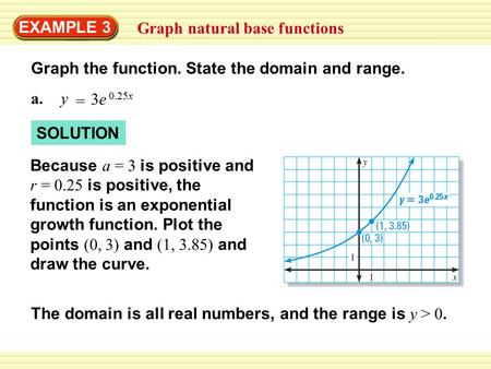 EXAMPLE 3 Graph natural base functions Graph the function. State the domain and range. a.y = 3e 0.25x SOLUTION Because a = 3 is positive and r = 0.25 is.