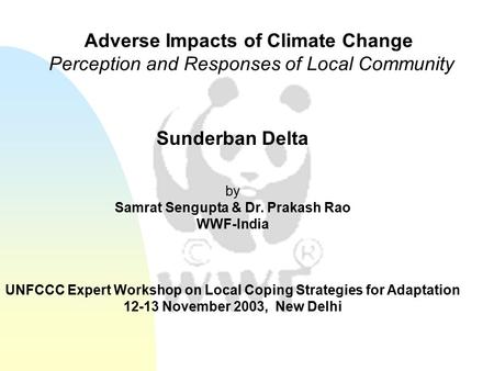 Sunderban Delta by Samrat Sengupta & Dr. Prakash Rao WWF-India UNFCCC Expert Workshop on Local Coping Strategies for Adaptation 12-13 November 2003, New.