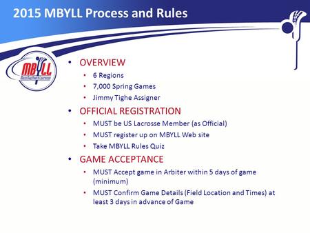2015 MBYLL Process and Rules OVERVIEW 6 Regions 7,000 Spring Games Jimmy Tighe Assigner OFFICIAL REGISTRATION MUST be US Lacrosse Member (as Official)