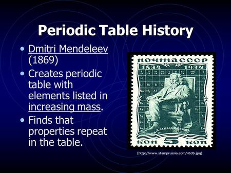 Periodic Table History Dmitri Mendeleev (1869) Creates periodic table with elements listed in increasing mass. Finds that properties repeat in the table.