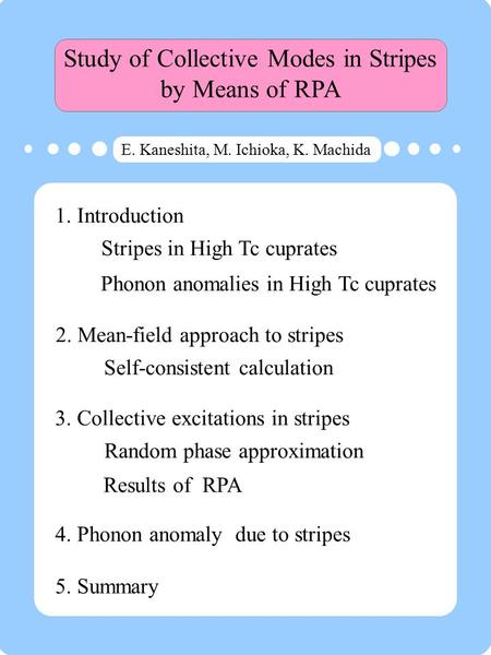 Study of Collective Modes in Stripes by Means of RPA E. Kaneshita, M. Ichioka, K. Machida 1. Introduction 3. Collective excitations in stripes Stripes.