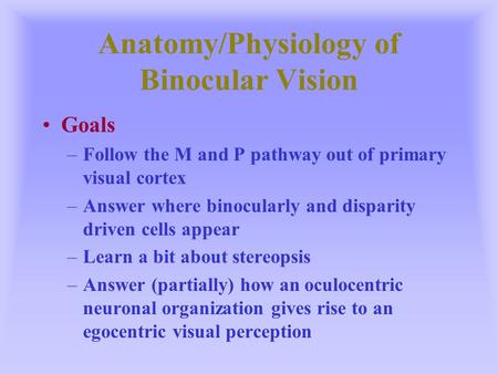 Anatomy/Physiology of Binocular Vision Goals –Follow the M and P pathway out of primary visual cortex –Answer where binocularly and disparity driven cells.