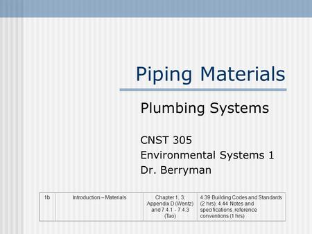 Piping Materials Plumbing Systems CNST 305 Environmental Systems 1 Dr. Berryman 1bIntroduction – MaterialsChapter 1, 3; Appendix D (Wentz) and 7.4.1 -