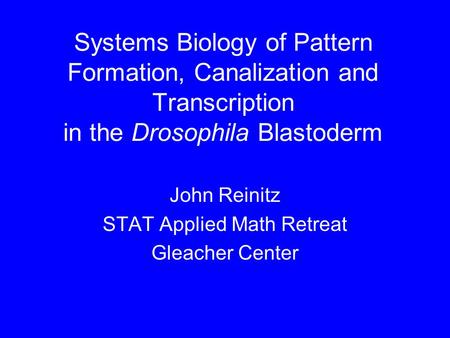 Systems Biology of Pattern Formation, Canalization and Transcription in the Drosophila Blastoderm John Reinitz STAT Applied Math Retreat Gleacher Center.