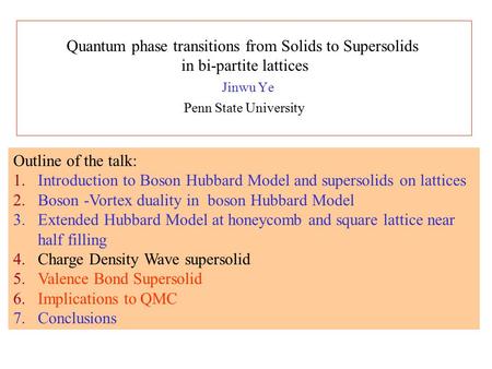 Jinwu Ye Penn State University Outline of the talk: 1.Introduction to Boson Hubbard Model and supersolids on lattices 2.Boson -Vortex duality in boson.