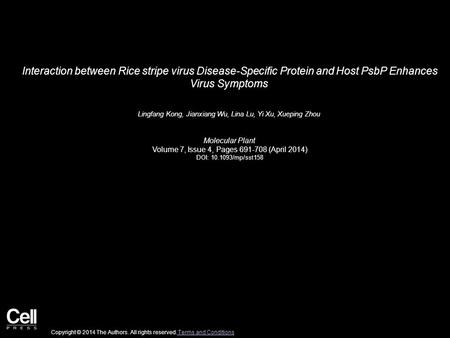 Interaction between Rice stripe virus Disease-Specific Protein and Host PsbP Enhances Virus Symptoms Lingfang Kong, Jianxiang Wu, Lina Lu, Yi Xu, Xueping.