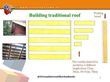@Virtuaaliammattikorkeakoulu 1 Building traditional roof The wooden material is needed in 4 different length about 15cm, 30cm, 40-45cm, 50cm. Working board.