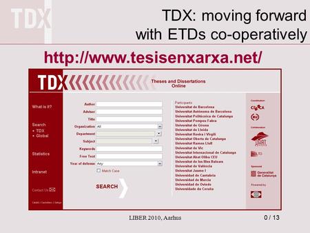 0 / 13 TDX: moving forward with ETDs co-operatively LIBER 2010, Aarhus