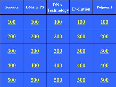 200 300 400 500 100 200 300 400 500 100 200 300 400 500 100 200 300 400 500 100 200 300 400 500 100 Genetics DNA Technology Evolution Potpourri DNA & PS.