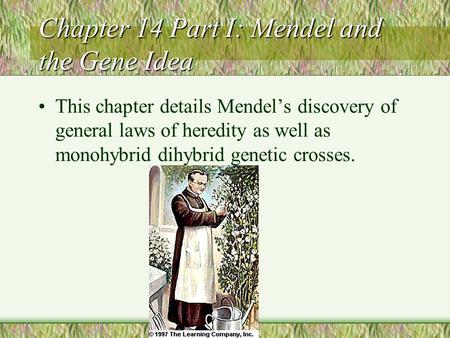 Chapter 14 Part I: Mendel and the Gene Idea This chapter details Mendel’s discovery of general laws of heredity as well as monohybrid dihybrid genetic.
