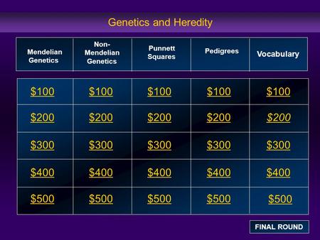 Genetics and Heredity $100 $200 $300 $400 $500 $100$100$100 $200 $300 $400 $500 Mendelian Genetics Non- Mendelian Genetics Pedigrees Vocabulary FINAL ROUND.