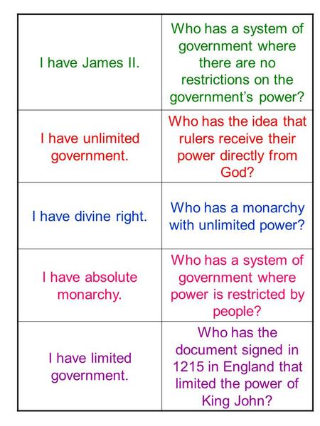 I have James II. Who has a system of government where there are no restrictions on the government’s power? I have unlimited government. Who has the idea.