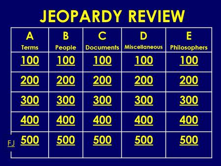 JEOPARDY REVIEW A Terms B People C Documents D Miscellaneous E Philosophers 100 200 300 400 500 FJ.