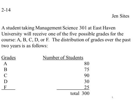 2-14																	Jen Sites   A student taking Management Science 301 at East Haven University will receive one of the five possible grades for the.