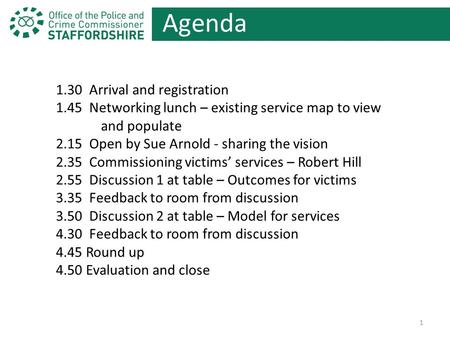 Agenda 1.30 Arrival and registration 1.45 Networking lunch – existing service map to view and populate 2.15 Open by Sue Arnold - sharing the vision 2.35.