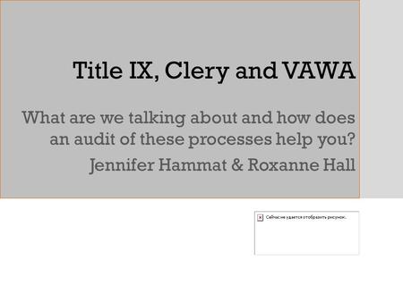 Title IX, Clery and VAWA What are we talking about and how does an audit of these processes help you? Jennifer Hammat & Roxanne Hall.