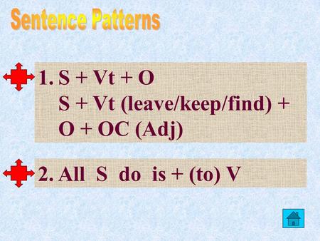 Sentence Patterns S + Vt + O S + Vt (leave/keep/find) + O + OC (Adj)