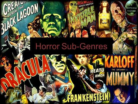 Horror Sub-Genres. Slasher Slasher horror typically involves a serial killer who stalks and murders a series of innocent victims in a violent, graphic.