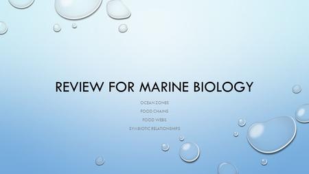 REVIEW FOR MARINE BIOLOGY OCEAN ZONES FOOD CHAINS FOOD WEBS SYMBIOTIC RELATIONSHIPS.
