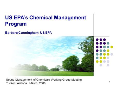 1 US EPA’s Chemical Management Program Barbara Cunningham, US EPA Sound Management of Chemicals Working Group Meeting Tucson, Arizona March, 2008.