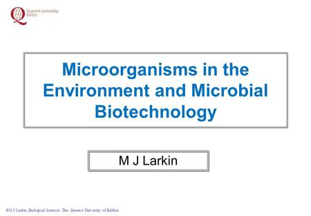 ©M J Larkin Biological Sciences. The Queen’s University of Belfast. Microorganisms in the Environment and Microbial Biotechnology M J Larkin.