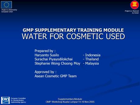 Project co-financed by European Union Project co- financed by Asean European Committee for Standardization Implementing Agency 1 Supplementary Module GMP.