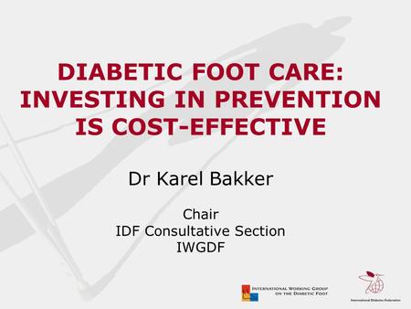 DIABETIC FOOT CARE: INVESTING IN PREVENTION IS COST-EFFECTIVE Dr Karel Bakker Chair IDF Consultative Section IWGDF.
