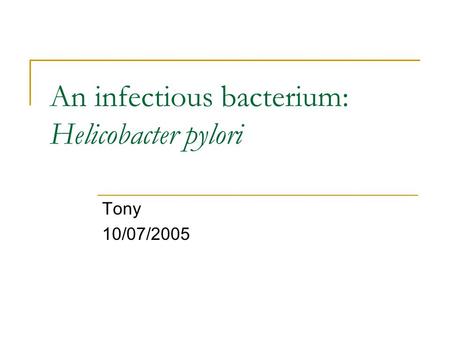 An infectious bacterium: Helicobacter pylori Tony 10/07/2005.