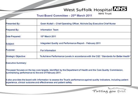 Presented By: Gwen Nuttall – Chief Operating Officer, Nichole Day Executive Chief Nurse Prepared By: Information Team Date Prepared: 15 th March 2011 Subject: